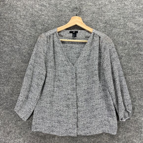 H&M Top Women 4 Black White Blouse Button Up 3/4 Sleeve - Picture 3 of 11